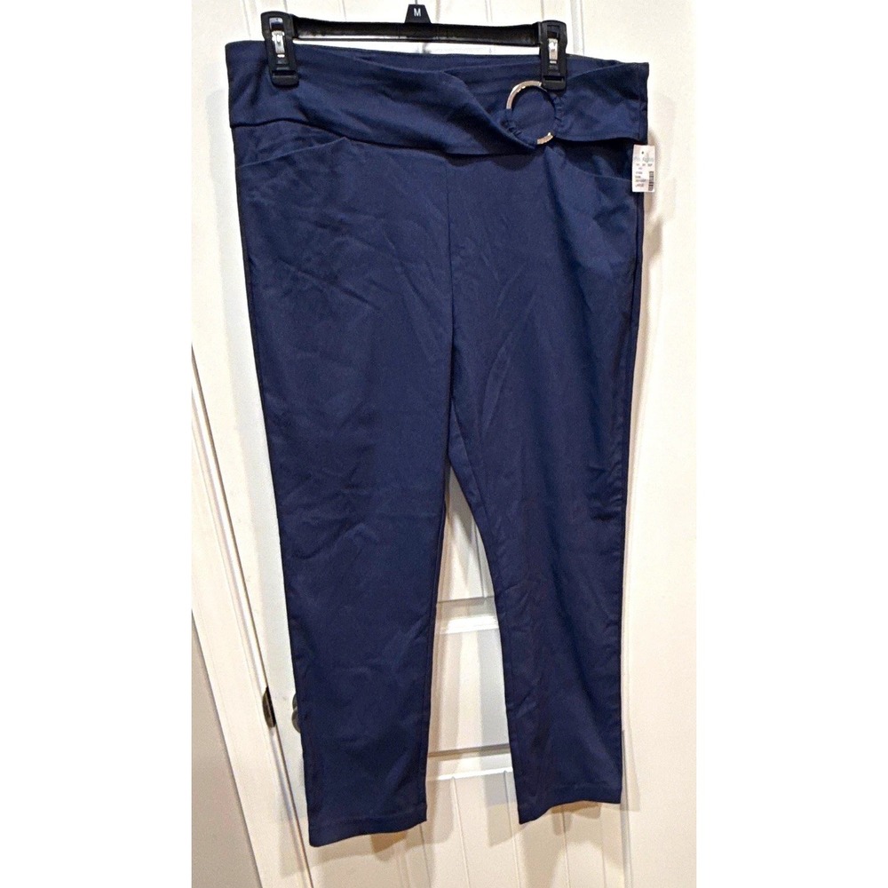 Maurices Women's Lg Blue Mid Rise Capri Pants Stretch Buckle Accent Regular Fit